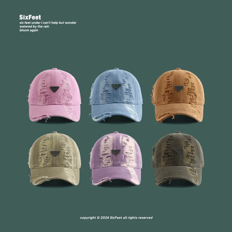 复古做旧破洞粉色棒球帽女长帽檐鸭舌帽宽帽檐大脸加宽显脸小帽子