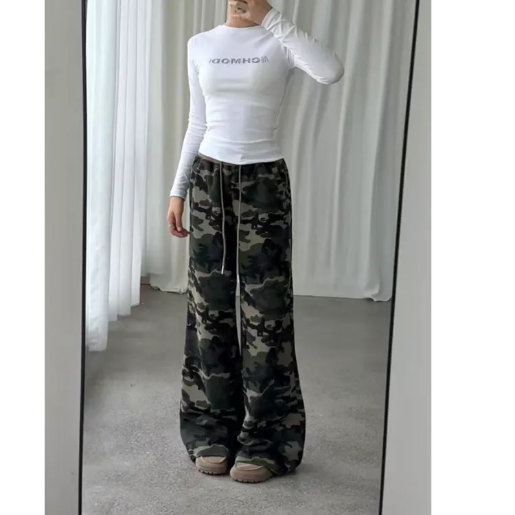 常规高腰抽绳弹力迷彩休闲裤高街风长裤百搭印花秋季显瘦套装直筒