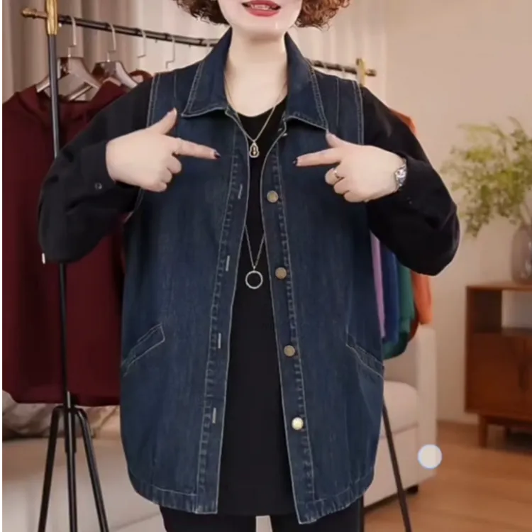 大码牛仔马甲做旧百搭薄款单排扣马夹显瘦秋季韩版水洗女装翻领