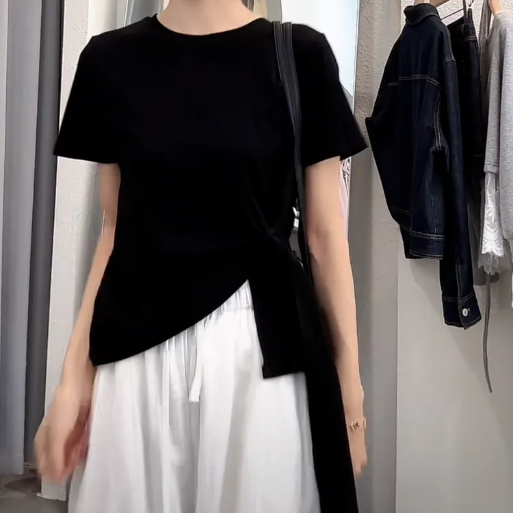 纯欲风开叉上衣2025新款夏设计感不规则收腰显瘦时尚短袖辣妹T恤