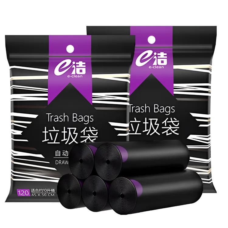e洁垃圾袋手提式加厚家用厨房黑色加大号一次性免撕抽绳塑料袋