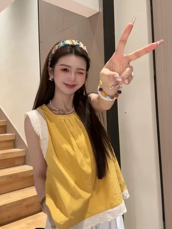 竹节棉蕾丝花边拼接无袖衬衫女夏季设计感娃娃衫气质甜美小衫上衣