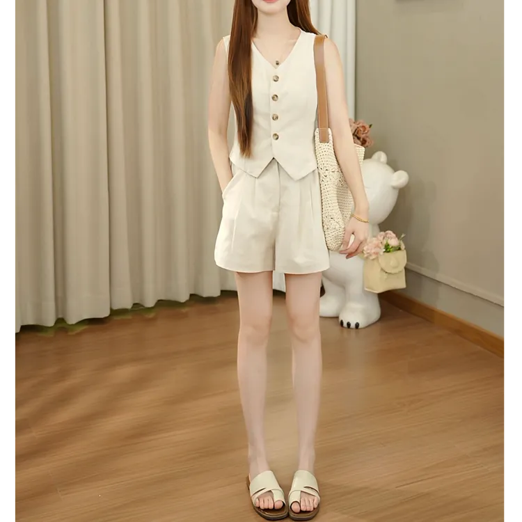 小个子早秋天丝亚麻气质高级感小众马甲五分短裤超仙通勤透气裤子