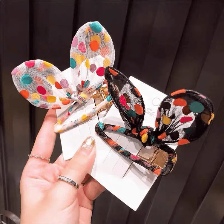 【兔耳朵】彩色波点发夹ins日韩国可爱刘海夹网纱少女侧边夹子发饰
