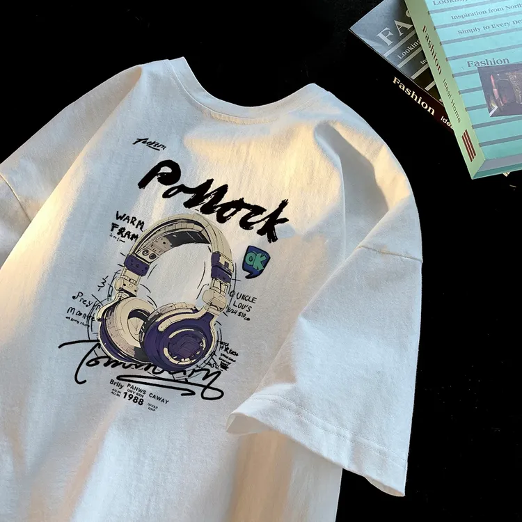 美式复古潮牌耳机印花重磅纯棉短袖T恤男夏季宽松高级感圆领短袖