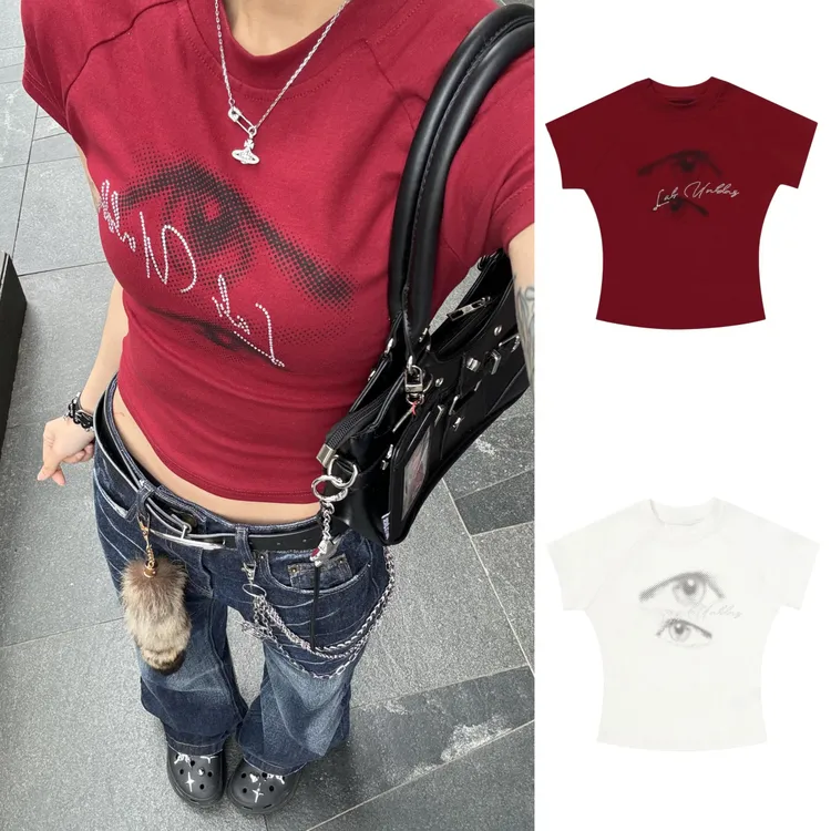 美式辣妹印花正肩短袖T恤女夏季2025新款圆领修身显瘦短款上衣ins