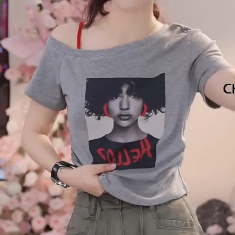 2025新款夏日欧美女孩印花斜肩美式短袖上衣LK2503618