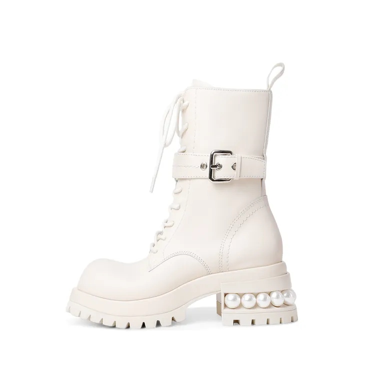 HOOV A/W小众原创厚底珍珠粗跟马丁靴女真皮短靴2025新款圆头靴子