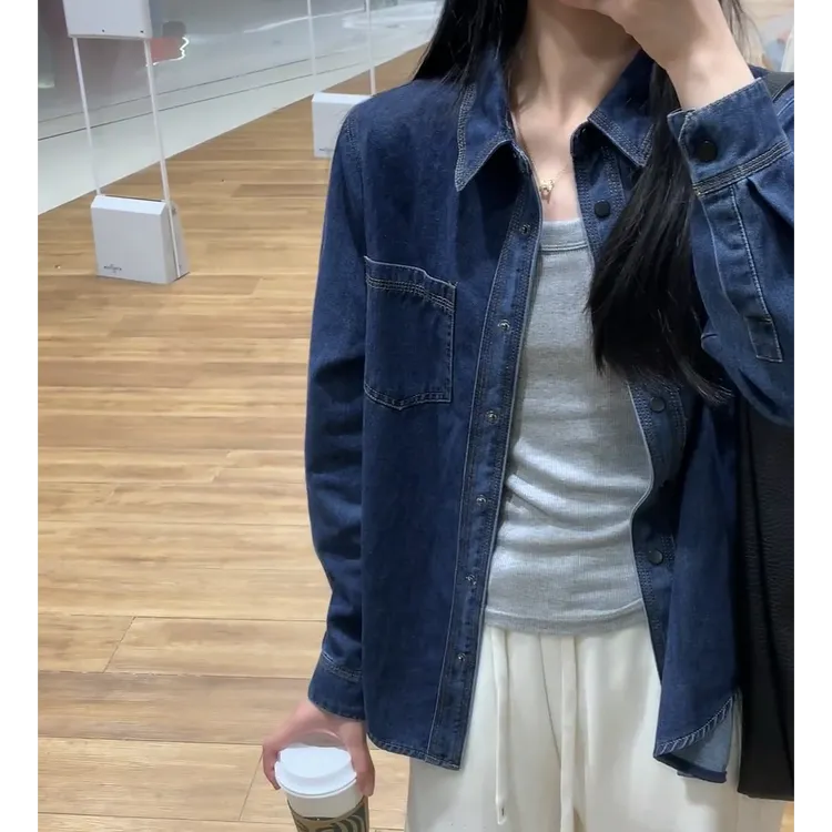 韩系深蓝色牛仔衬衫女2025秋季新款内搭叠穿休闲百搭长袖衬衣