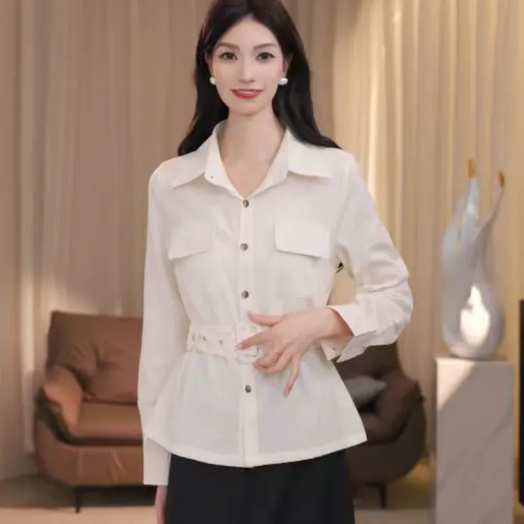 QH80636港味高级感显瘦衬衫设计感收腰气质法式翻领腰带衬衫
