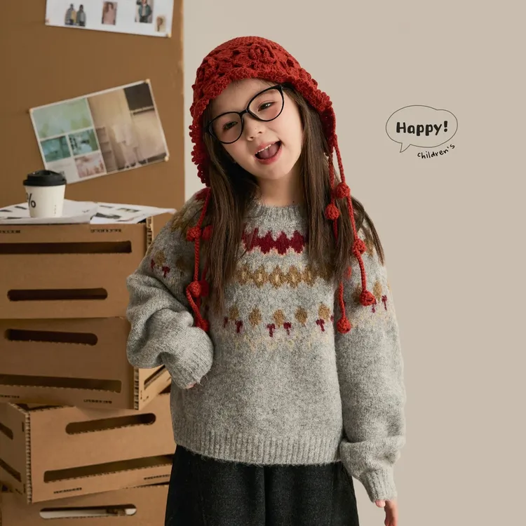 【费尔岛】2025新款女童毛衣秋冬圣诞加厚撞色休闲风亲子装针织上衣