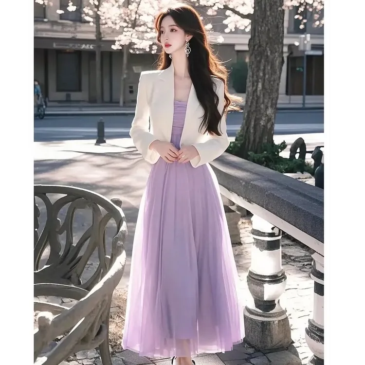 2025春季轻奢高级感超好看独特漂亮白色西装外套紫色连衣裙套装女