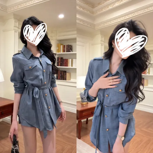 秋季纯欲风气质腰带长袖休闲衬衫短裤POLO领名媛蓝色显瘦两件套女