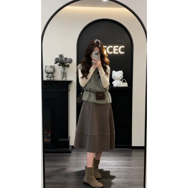INS CEC韩系秋冬软糯针织毛衫上衣叠穿背心半身裙温柔装一整套装