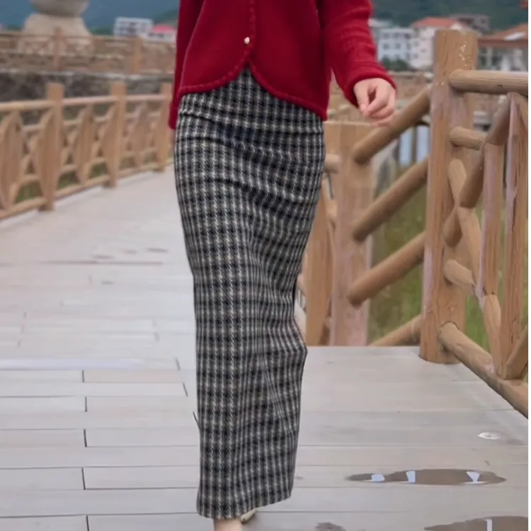 小米同款秋冬千格鸟半身裙2025新款包臀弹力双开叉中长直筒侧拉链