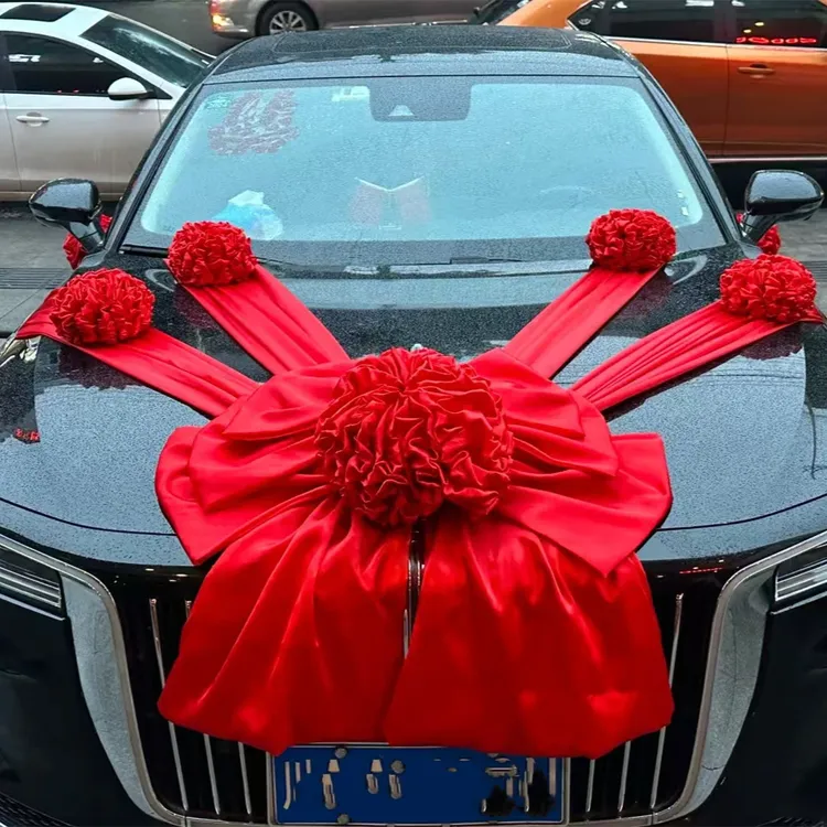 结婚婚车头车主婚车布置大红花球结婚红绣球喜庆大红绸布