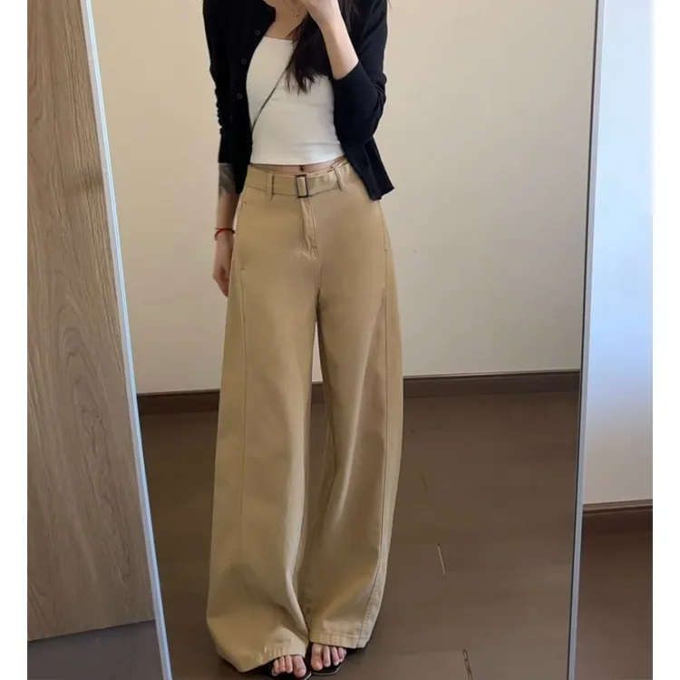 【配腰带】卡其色2025新款宽松显瘦春秋装休闲直筒裤牛仔裤女阔腿裤