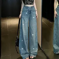 b2056韩版牛仔裤新款秋季百搭时尚设计感宽松高腰满天星阔腿裤