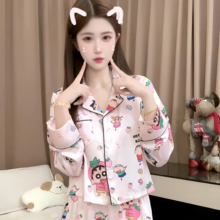 (草莓小新长袖)秋季气质可爱休闲显瘦睡衣女长袖家居服套装可外穿