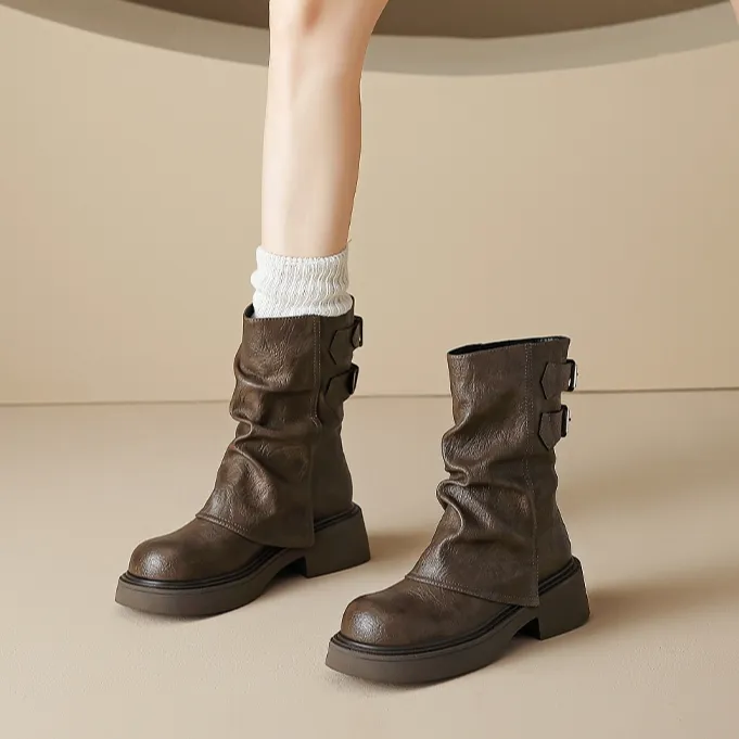 美拉德裤管靴女短靴2025新款秋季棕色百搭西部复古增高厚底马丁靴