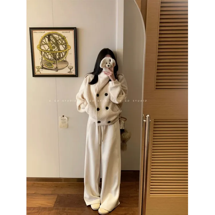 【东芳专属】羊毛毛绒双排短款羊羔毛外套女秋冬季新款温柔上衣