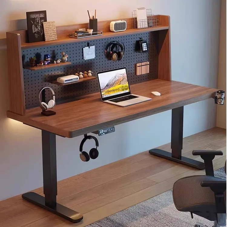 实木电动升降桌家用书桌书架一体卧室电竞桌带洞洞板学习电脑桌子