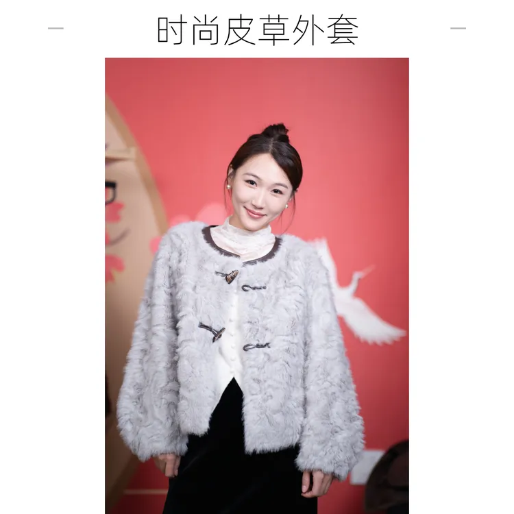 短外套厚款女保暖冬季女款中式毛绒女装女士短款圆领大衣时尚上衣