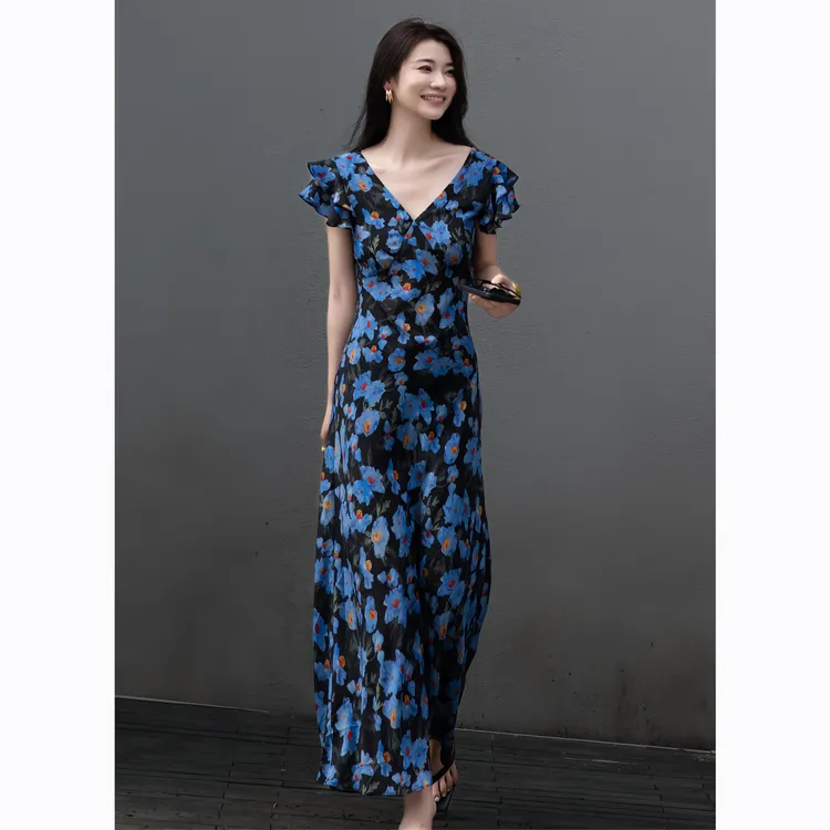 ZEROYK名媛风连衣裙女2025夏季度假风真丝印花飞飞袖修身显瘦长裙