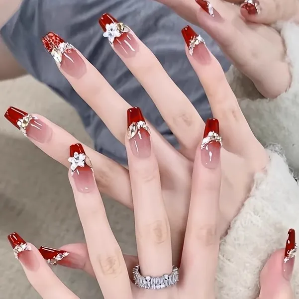 红法式纯手工法式爆闪碎钻高级感中长梯显白穿戴甲贴片成品可拆卸