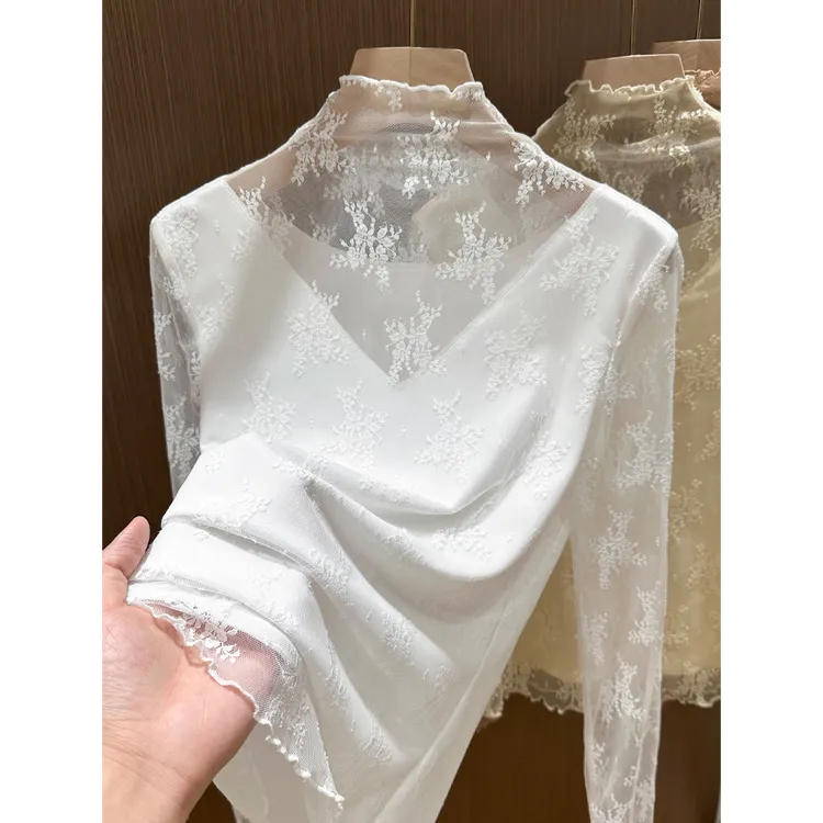 加绒加厚蕾丝半高领打底衫女秋冬2025新款叠穿内搭毛衣木耳边纱衣