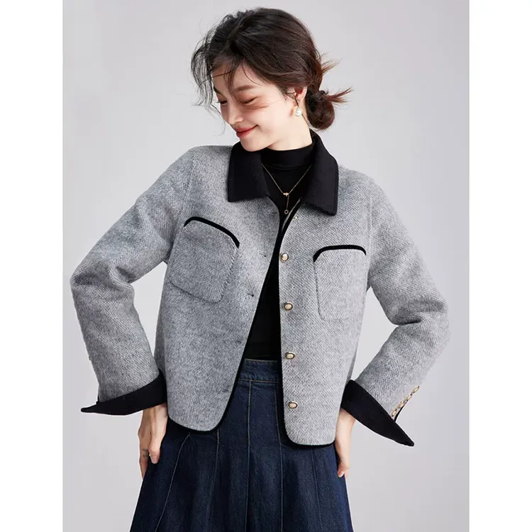 双面呢拉夏小香风polo领长袖外套女秋冬2025新款高级气质小个子