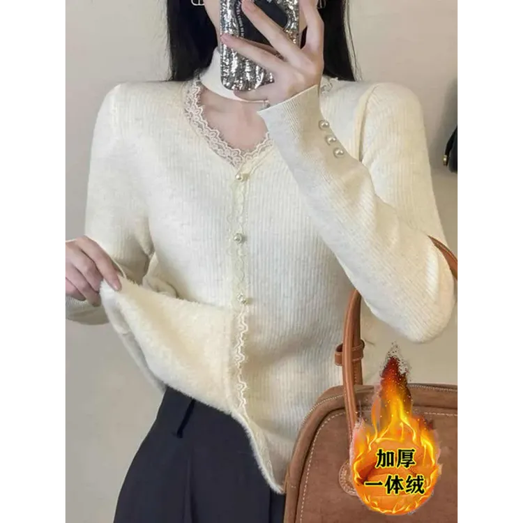 冬法式挂脖小心机蕾丝领毛衣女保暖一体绒针织打底衫修身内搭164