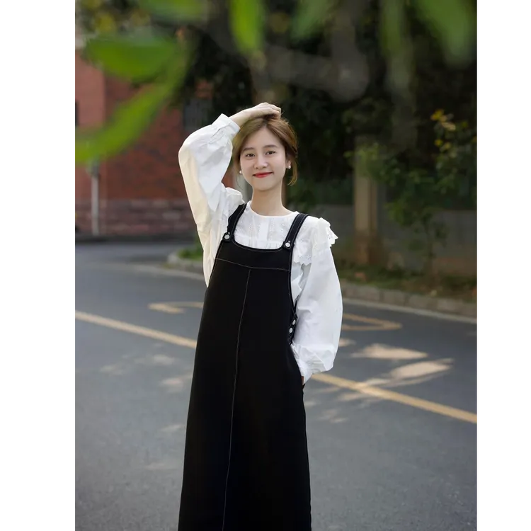 AMI.FS  2025春秋法式娃娃领衬衫减龄学院风宽松显瘦背带裙两件套