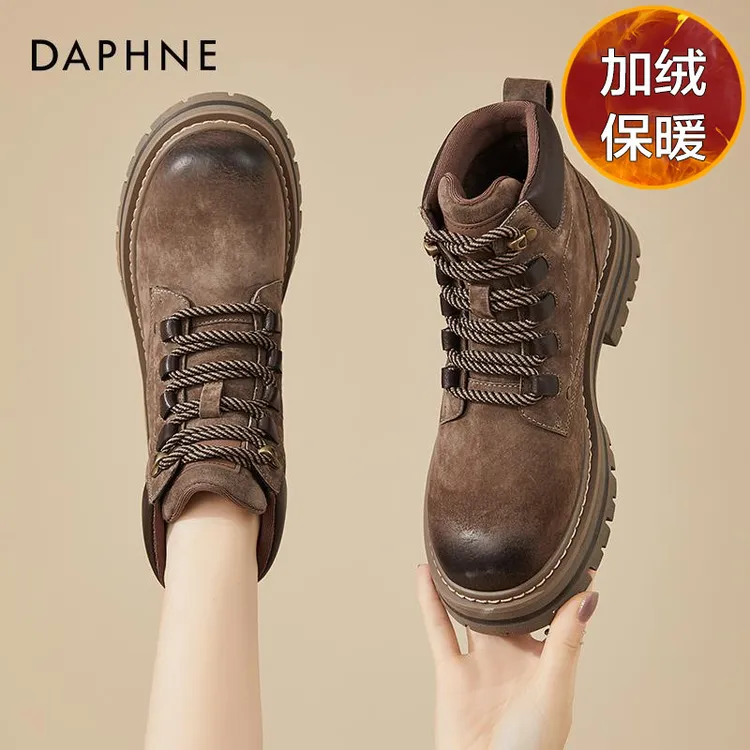 达芙妮真皮马丁靴鞋子女款爆款2025新款阔腿裤必备鞋秋冬加绒短靴