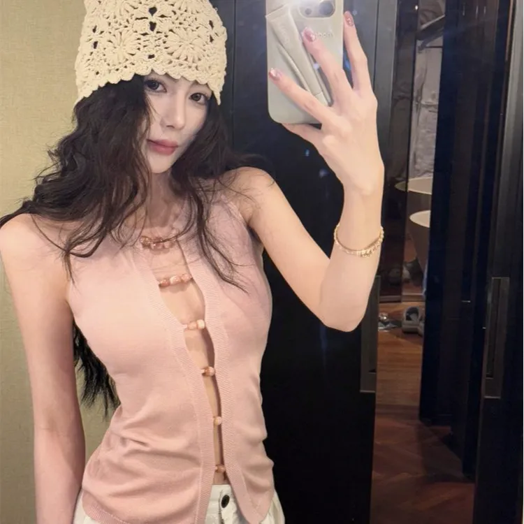 性感辣妹粉色吊带背心女夏季新款韩系设计感气质修身纯欲无袖上衣