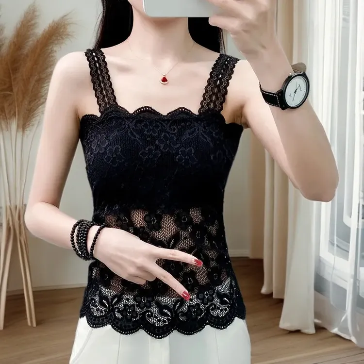 夏季蕾丝镂空绣花性感吊带背心带胸垫性感防走光抹胸裹胸显瘦上衣