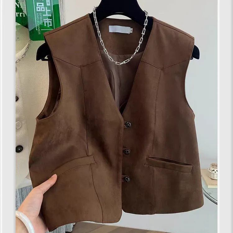 复古麂皮马甲女2025秋季新款V领短款百搭港风马夹坎肩外套上衣