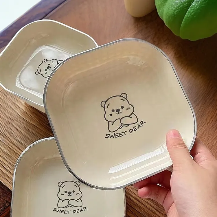 方形奶油小熊碟家用小盘子小碟子吐骨碟10个装小菜碟塑料水果盘