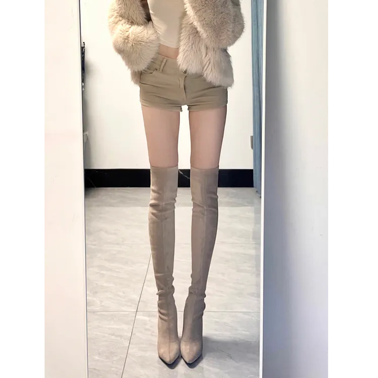 2025年新款性感尖头高跟过膝长靴女粗跟弹力瘦瘦靴细跟显瘦长筒靴