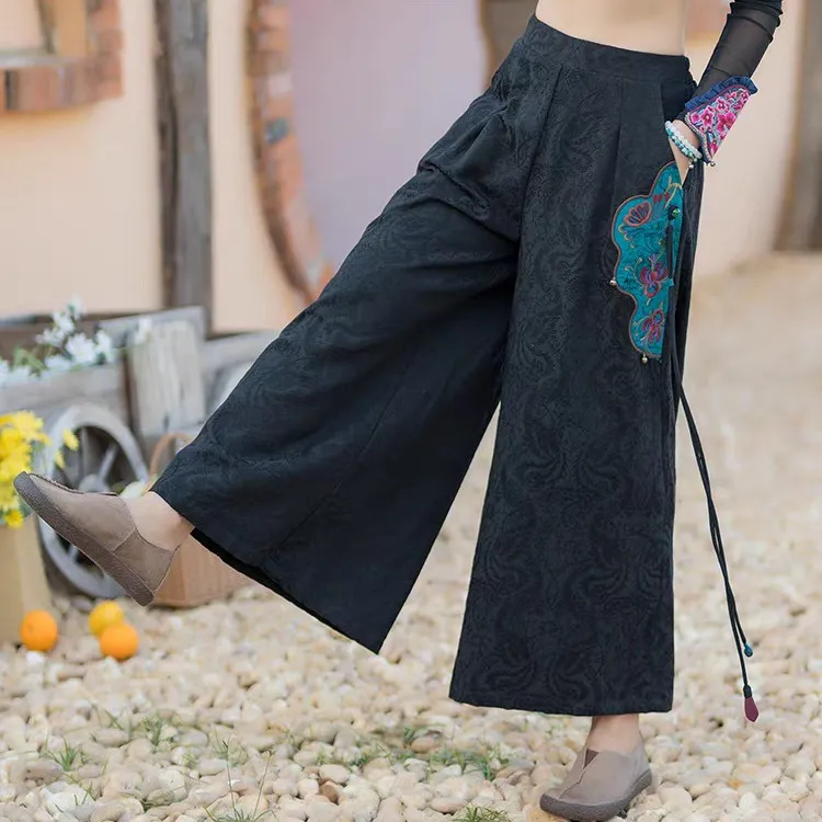 民族风秋冬刺绣黑色宽松阔腿裤中国风高腰直筒裤遮肉显瘦休闲裤女