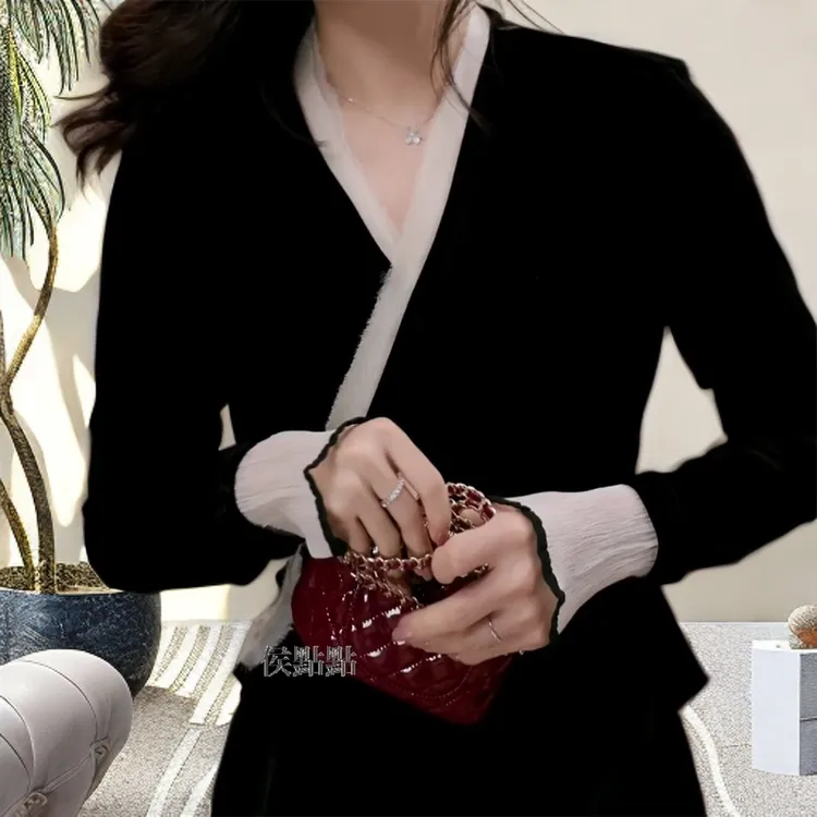 "优雅名媛" 秋季女款法式拼接丝绒名媛上衣C6191