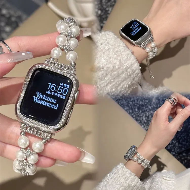 适用华为小米苹果手表iwatchs10SEUltra765表带小香风珍珠链条款
