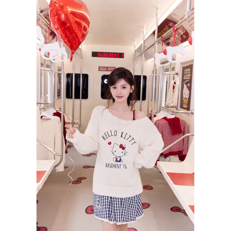 【校校专属】【章若楠同款】猫咪刺绣斜肩毛衣女秋冬上衣22898#