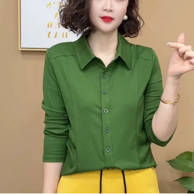 2025极简风吸汗长袖修身型纯色衬衫百搭上衣洋气春季女装修身#18