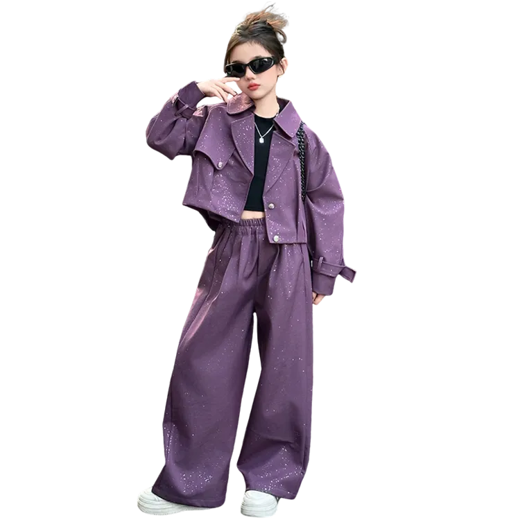 S女童春装套装新款中大童春春秋洋气网红撒银风衣夹克两件套潮