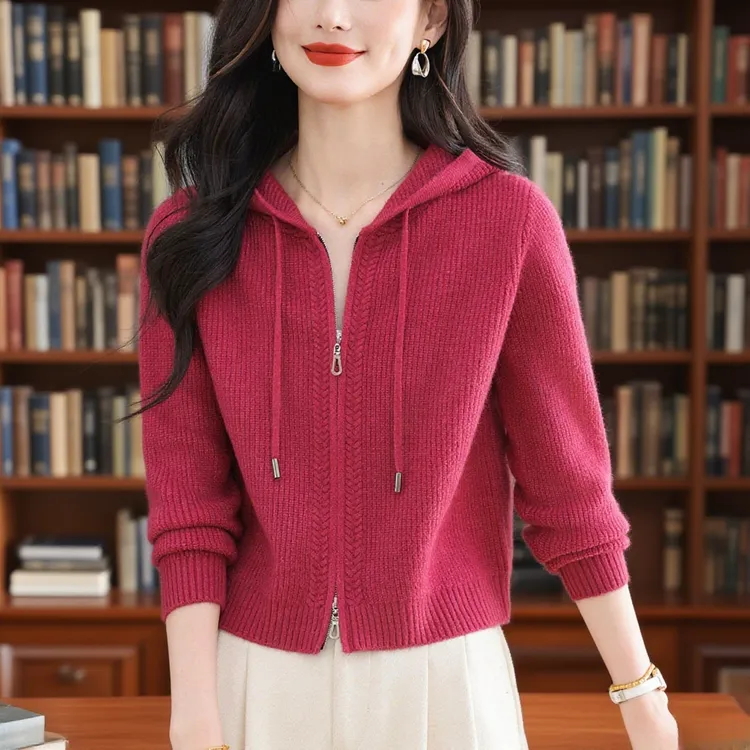 纯100羊毛衫连帽女秋冬新款洋气减龄针织开衫毛衣短款外套上衣女