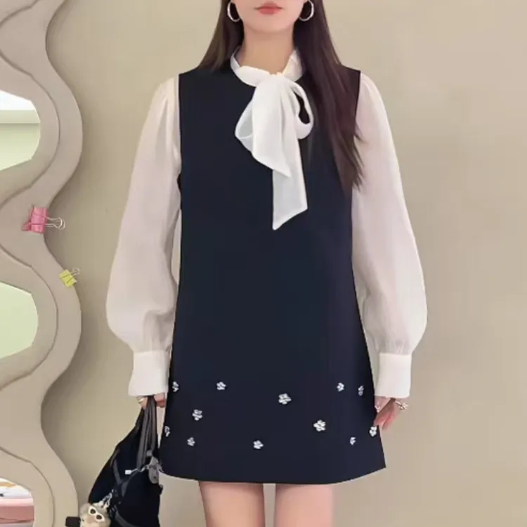 8606蝴蝶结立领绑带衬衫无袖背心裙两件套