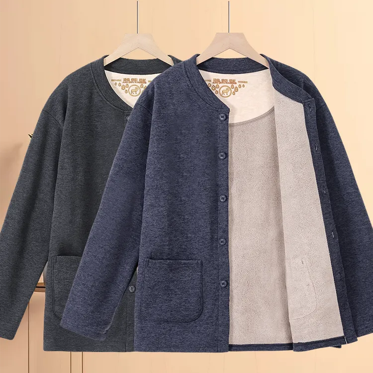 老年人加绒保暖上衣男士前开扣加厚对襟开衫冬季防寒加大保暖内衣