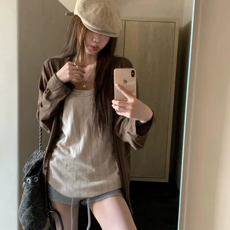 复古咖色慵懒风薄款长袖防晒开衫外套女夏季内搭背心两件套6054