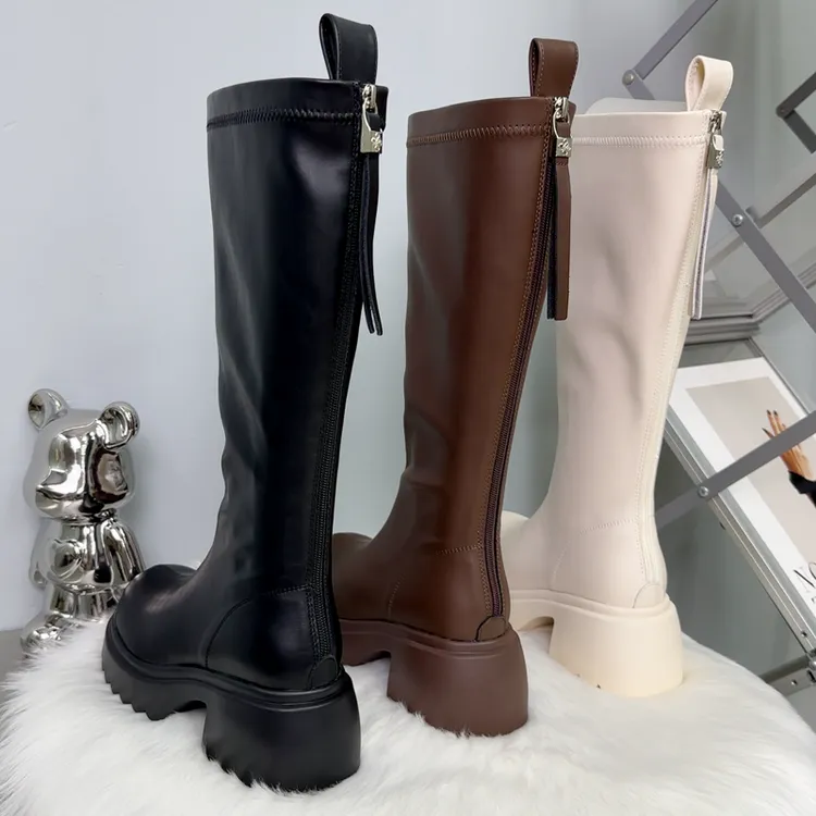 英伦风厚底增高7cm长靴子后拉链小个子骑士靴女秋冬长筒弹力靴女
